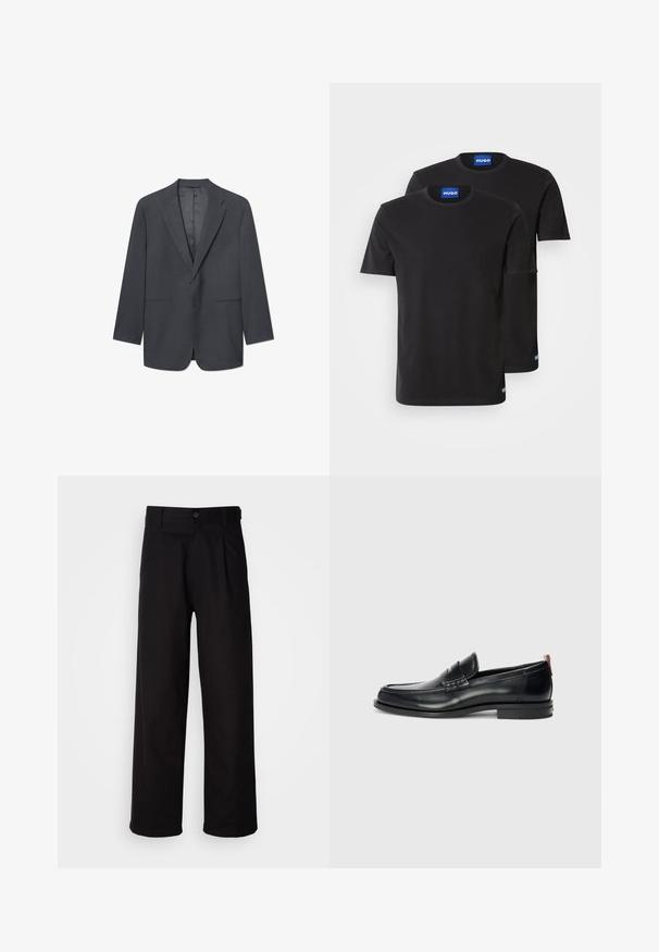 Blazer pour homme gris foncé avec revers crantés, fermeture à un bouton, deux poches avant et une doublure intérieure lisse. Coupe ajustée.; Deux T-shirts en coton noirs avec encolures rondes, manches courtes et étiquettes bleues "HUGO" sur les cols et les ourlets latéraux.; Pantalon noir en tissu lisse, avec une coupe droite, des plis à l'avant et une fermeture à bouton unique à la taille.; Mocassins en cuir noir au design élégant, à bout arrondi, avec une texture sur le devant et une semelle en caoutchouc pour une meilleure adhérence. Équipés d'une tirette à l'arrière.