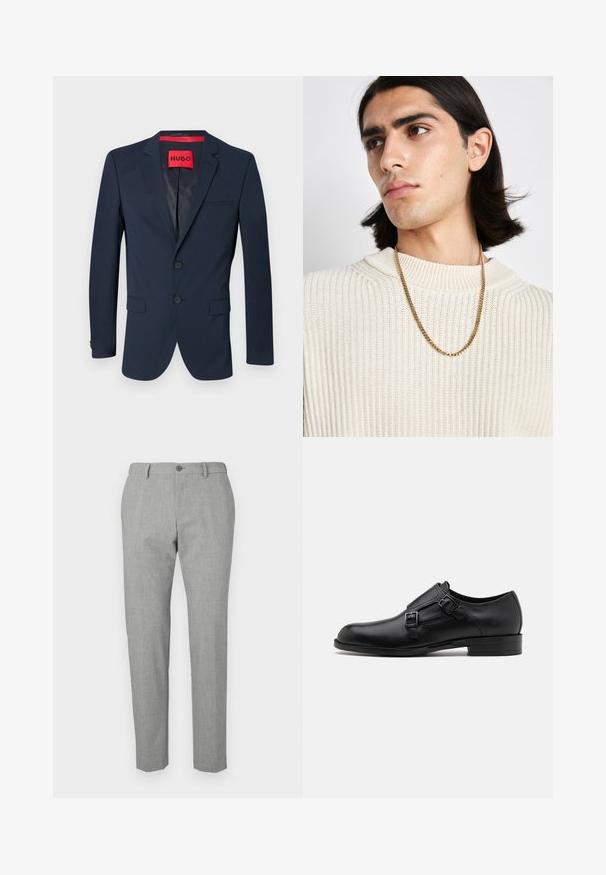 Marineblauer Blazer mit zwei Knöpfen, Reverskragen und einer einzelnen Brusttasche. Verfügt über ein rotes Innenetikett mit dem Logo "HUGO". Glatte Textur.; Weißes Langarm-Hemd aus Baumwolle, mit klassischem Kragen, vorderen Knöpfen und minimalen Nähdetails.; Graue Hose aus einem strukturierten Stoff, mit Knopfverschluss, taillierter Passform und geradem Beinchen.; Schwarze Leder- Schnürschuhe mit doppelten Schnallen, schlanker Silhouette und runder Zehenpartie. Sie verfügen über einen niedrigen Absatz und eine glatte Textur.; Goldene Halskette über einem cremefarbenen, gerippten Strickpullover getragen; weiche Textur mit hohem Kragen und einem subtilen Muster im Gewebe.