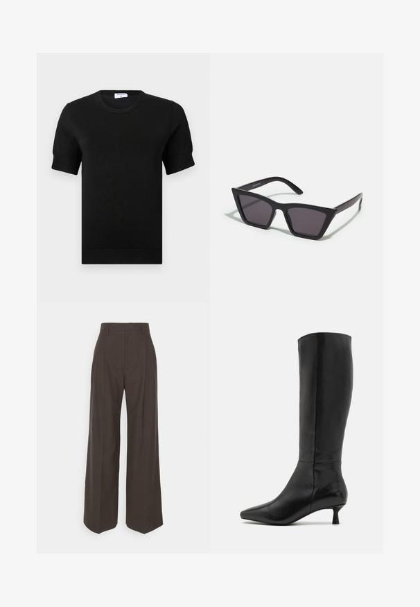 Zwarte cropped jas gemaakt van gladde stof, met een brede kraag, gerimpelde lange mouwen en een open voorkant.; Zwart, fijngebreid topje met korte mouwen en een ronde hals. Heeft subtiele geribbelde details aan de mouwen en zoom, gemaakt van een gladde stof.; Donkerbruine wijde broek met een hoge taille, voorzien van strak geplooide plooien, een zachte textuur en een op maat gemaakte pasvorm.; Zign Laarzen - black; Zwarte, hoekige zonnebril met grijze lenzen; gemaakt van plastic, met dikke armen met een gladde oppervlakte en zonder zichtbare hardware.