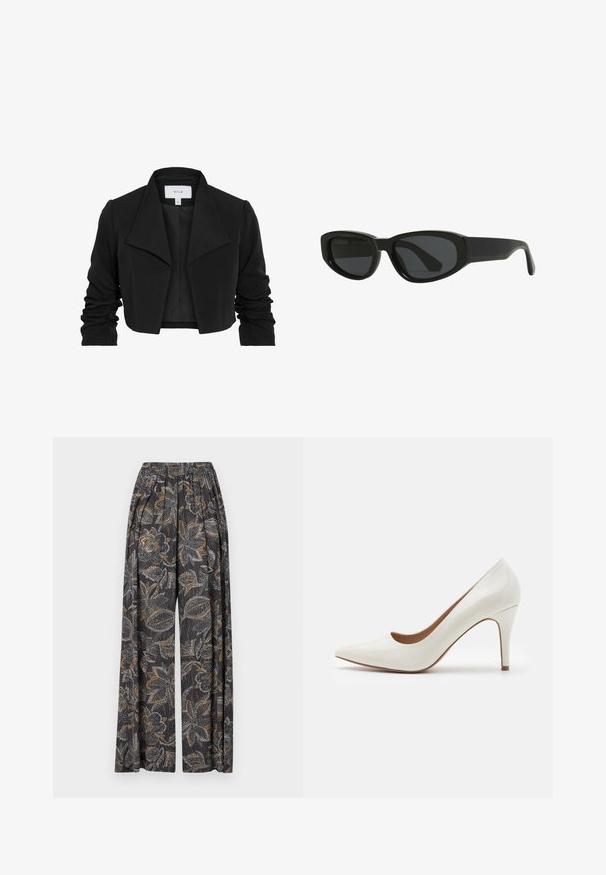 Schwarze, kurze Jacke aus glattem Stoff, mit einem breiten Kragen, rüschenlangen Ärmeln und einem offenen Vorderdesign.; Zwei nahtlose Schlauchschals: einer schwarz und einer weiß. Beide bestehen aus weichem, dehnbarem Material und haben eine glatte Textur ohne Muster.; weit geschnittene Hosen im dunklen Blumenmuster mit komplizierten grau-orangefarbenen Motiven. Der elastische Bund sorgt für Komfort und Flexibilität.; Weiße Lackleder-Pumps mit spitzer Zehenform und glatter Oberfläche, ausgestattet mit einem schmalen Absatz und einem niedrigen Schnitt um die Öffnung.; Schwarze Sonnenbrille mit einem schlanken, kantigen Design. Hergestellt aus Kunststoff, mit dunklen Gläsern und einer glatten, glänzenden Oberfläche. Keine bemerkenswerten Akzente.