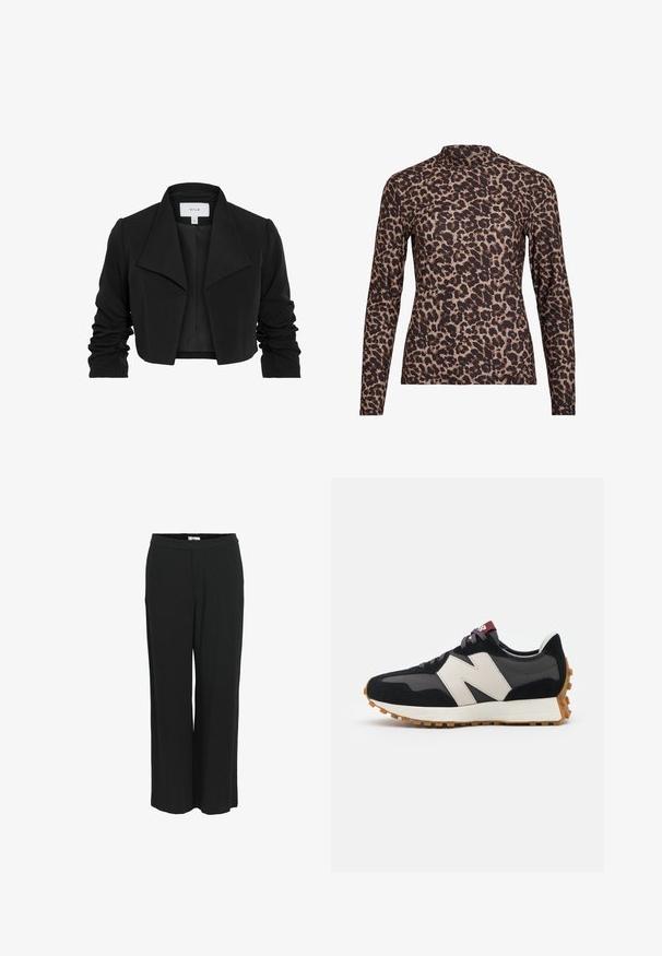 Schwarze, kurze Jacke aus glattem Stoff, mit einem breiten Kragen, rüschenlangen Ärmeln und einem offenen Vorderdesign.; Langärmliges Oberteil mit Leopardenmuster und hohem Kragen, aus elastischem Stoff gefertigt. Hat einen beigefarbenen Grundton mit braunen Flecken. Glatte Textur, figurbetontes Design.; Schwarz, weite Hose aus leichtem Stoff. Mit elastischem Bund und glatter Textur. Keine Taschen oder sichtbaren Muster.; Schwarze und graue Wildledersneaker mit einem großen cremefarbenen "N"-Logo, lila Schnürsenkeln und einer strukturierten Gummisohle.