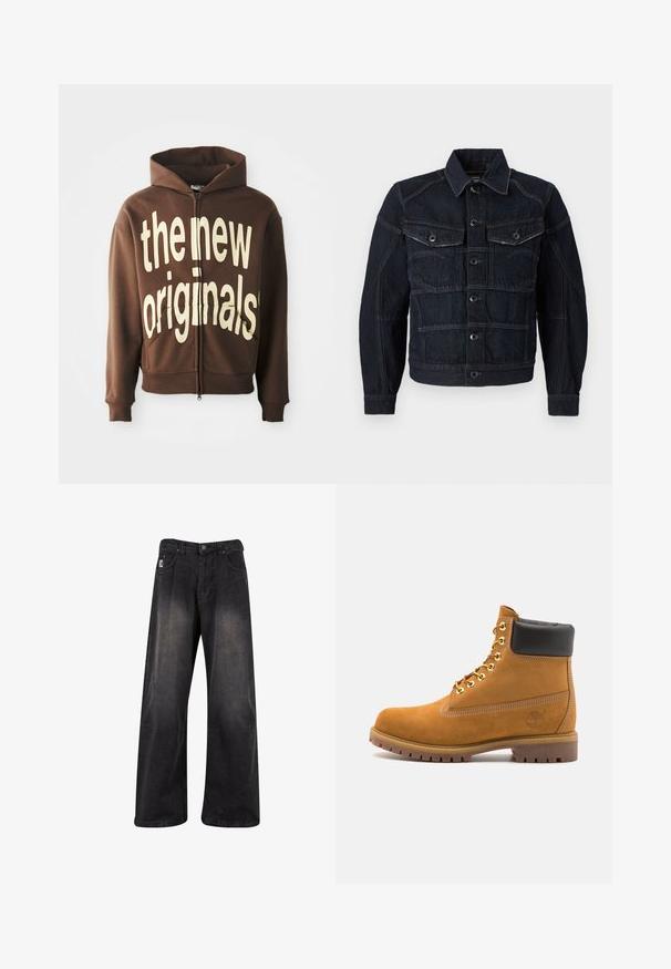 Tmavé džínsová bunda s gombíkovým zapínaním, dvoma hrudičkovými vreckami a kontrastným stehmi. Struktúrovaný dizajn s klasickým golierom a dlhými rukávmi.; Hnedá mikina na zips s veľkým krémovým textom "the new originals" na prednej strane, so šnúrkou na kapucňu a bočnými vreckami.; Čierne bavlnené tričko s okrúhlym výstrihom, krátkymi rukávmi a rovný strih. Obsahuje minimálne švy a má mäkkú, hladkú textúru.; Čierne široké denimové nohavice s vyblednutým povrchom, vybavené gombíkovým zapínaním, piatimi vreckami a značkovou nášivkou na prednej ľavej strane.; Tyrkysové semišové členkové topánky s čiernym polstrovaným golierom, zlatými kovovými očkami, bielym prešívaním a robustnou gumovou podrážkou s výraznými drážkami.