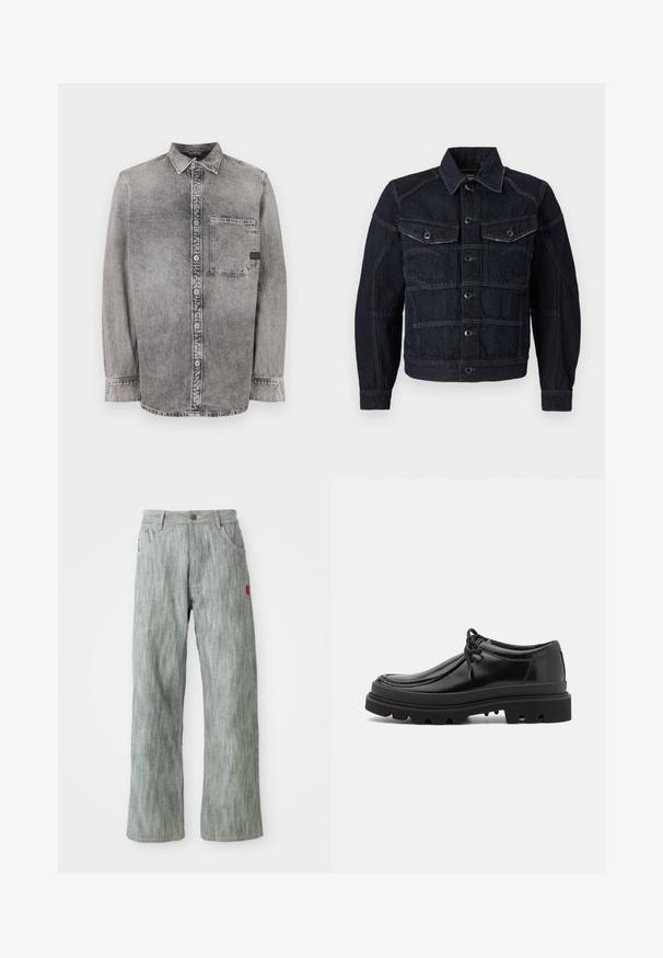 Donkerdenim jack met een knoopsluiting aan de voorkant, twee borstzakken en contrasterende stiksels. Gestructureerd ontwerp met een klassieke kraag en lange mouwen.; Grijze denim knopsluiting overhemd, lange mouwen, stof van gemiddelde dikte, enkele borstzak, vervaagde afwerking met contrasterende knopen, klassieke kraag.; Lichtgrijze recht gesneden denim broeken met voor- en achterzakken, knoopsluiting en een klein rood stoffen label aan de rechterzijde.; Zwarte leren derby schoenen met een strak ontwerp, ronde neus en een getextureerde rubberen zool met diepe groeven voor grip.
