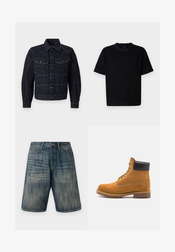 Mørk denimjakke med knappelukking foran, to brystlommer og kontraststing. Strukturell design med klassisk krage og lange ermer.; Svart bomulls t-skjorte med rund hals, korte ermer og rett snitt. Har minimal søm og en myk, glatt tekstur.; Denimshorts i lys blå med en falmet vask, med fem lommer, beltehemper og en knappåpning i livet.; Beige semskede ankelstøvel med svart polstret krage, gullmetalløyer, hvite sømdetaljer og robust gummisåle med påfallende mønster.