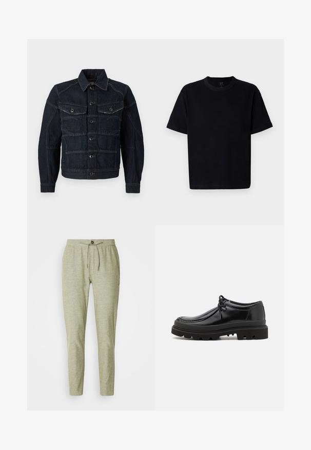 Dunkelblaue Jeansjacke mit durchgängiger Knopfleiste, zwei Brusttaschen und kontrastierendem Nähen. Strukturiertes Design mit klassischem Kragen und langen Ärmeln.; Schwarzes Baumwoll-T-Shirt mit Rundhalsausschnitt, kurzen Ärmeln und geradem Schnitt. Minimale Nähte und eine weiche, glatte Textur.; Hellgrüne Jogginghose aus strukturiertem Stoff, mit einem elastischen Bund und Kordelzug sowie einer vorderen Knopfdetails.; Schwarze Leder-Derby-Schuhe mit einem eleganten Design, runder Zehenpartie und rutschfester Gummisohle mit tiefen Rillen für besseren Halt.