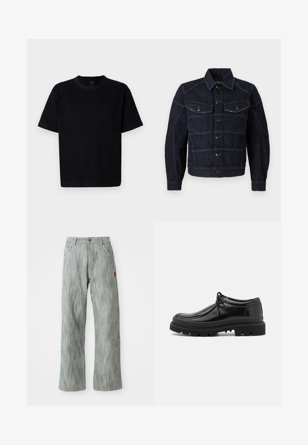 Tummansininen farkkutakki, jossa on napitettu etuosa, kaksi rintataskua ja erivärinen ommel. Rakenne on muotoiltu klassisella kauluksella ja pitkillä hihoilla.; Musta puuvillapaita, jossa on pyöreä pääntie, lyhyet hihat ja suora leikkaus. Ominaisuuksiin kuuluu minimaalinen ommel ja pehmeä, sileä tekstuuri.; Vaaleanharmaat suorat denim-housut, joissa on etu- ja takataskut, nappikiinnitys ja pieni punainen kangastunnus oikealla puolella.; Mustat nahkakengät Derby-tyyliin, jossa on tyylikäs muotoilu, pyöreä kärki ja teksturoitu kumipohja, jossa on syviä uria pidon parantamiseksi.