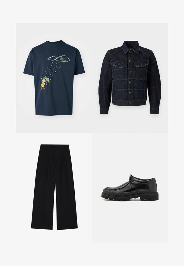 Tummansininen farkkutakki, jossa on napitettu etuosa, kaksi rintataskua ja erivärinen ommel. Rakenne on muotoiltu klassisella kauluksella ja pitkillä hihoilla.; T-paita tummansinisestä puuvillasta, jossa on pikselimäinen graafinen kuva hahmosta, jolla on sateenvarjo pilvien ja sateenpisaroiden alla. Yllä on vaaleanvihreää tekstiä.; YOURTURN UNISEX - Housut - black; Mustat nahkakengät Derby-tyyliin, jossa on tyylikäs muotoilu, pyöreä kärki ja teksturoitu kumipohja, jossa on syviä uria pidon parantamiseksi.