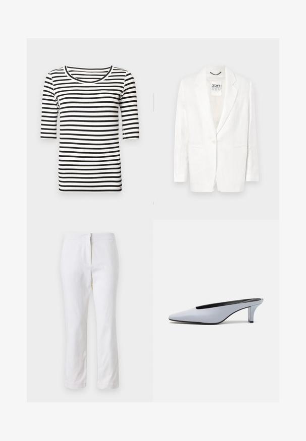 Blazer en lin blanc avec revers crantés, fermeture à un bouton, deux poches à l'avant et légère texture. Étiquette visible à l'intérieur du col.; T-shirt à rayures noires et blanches avec un col rond et des manches trois-quarts. Tissu en coton doux avec une coupe ajustée.; Pantalons en coton blancs avec une coupe droite, dotés d'une taille mi-haute et sans matériel ou motifs visibles. Texture lisse sur l'ensemble.; Mule en cuir verni bleu clair avec un orteil pointu, un petit talon transparent et un design épuré mettant en valeur une découpe au cou-de-pied.