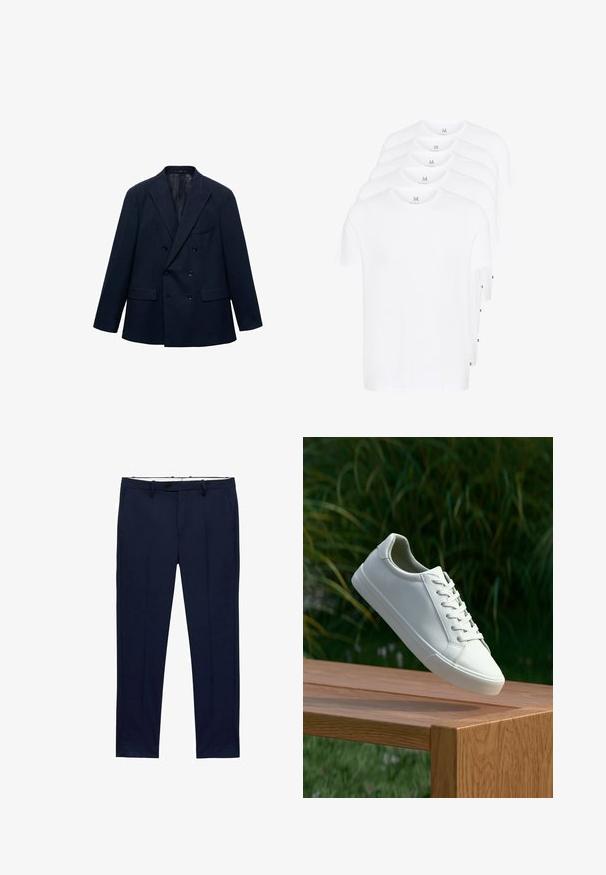 Dvojno zapeta temno modra blazerja z notčnimi reverji, štirimi sprednjimi žepi in črnimi gumbi, prikazana na beli podlagi.; Bele kratke majice s kratkimi rokavi, zložene, narejene iz bombaža. Imajo okroglo ovratnico in raven kroj. Tkanina se zdi gladka brez vzorcev.; Temno modri hlače s ožjim krojem in vzorcem črt. Zasnovane so z zadrgo, pasnimi zankami in sprednjimi žepi. Gladek teksturiran material.; Beli vezani športni čevlji, ki lebde nad leseno klopjo z zelenim rastlinjem v ozadju, prikazujejo obliko in teksturo čevlja.