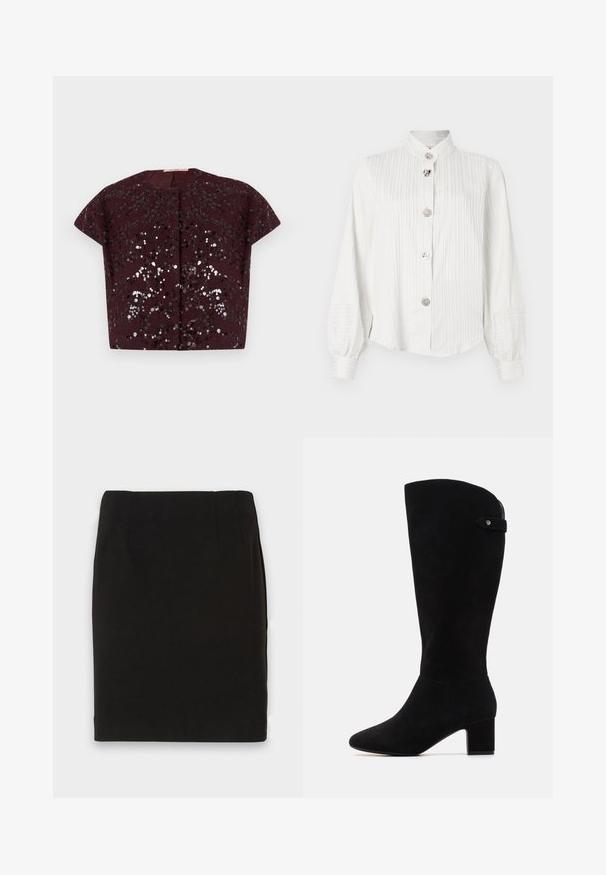 Short sleeve cropped jacket in dark burgundy with shiny black and silver sequins forming a floral pattern on textured fabric.; White long-sleeve blouse with vertical stripes, balloon sleeves, a stand collar, and five decorative silver buttons down the front.; Black knee-length pencil skirt with a straight hem and subtle seam details at the waistband against a white background.; Black suede knee-high boots with a pointed toe and block heel. Features a smooth texture and a simple design, with a side strap accent.