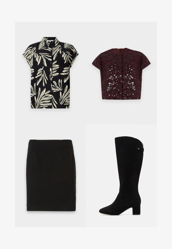 Short sleeve cropped jacket in dark burgundy with shiny black and silver sequins forming a floral pattern on textured fabric.; Black short-sleeve shirt featuring a white and light blue leaf pattern, with a button-down front and a regular collar.; Black knee-length pencil skirt with a straight hem and subtle seam details at the waistband against a white background.; Black suede knee-high boots with a pointed toe and block heel. Features a smooth texture and a simple design, with a side strap accent.