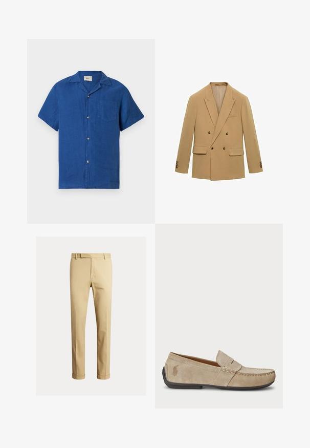 Double-breasted blazer van lichtbeige stof. Opvallende kenmerken zijn twee voorkezen, notch-kraag, en bruine knopen op de mouwen.; Korte mouwen blauwe knoopsluiting shirt met camp collar en borstzak, plat weergegeven op een witte achtergrond.; Khaki chinos van soepele katoenstof, met een slank ontwerp, voorplooien en boorden bij de enkel voor een taps toelopende uitstraling.; Beige suède instappers met een gestikt detail, platte rubberen zool en een klein logo aan de zijkant. Klassiek instapontwerp, zachte textuur.