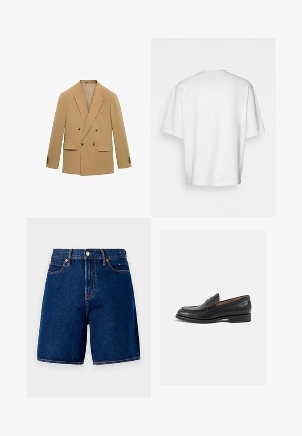 Blazer dublu căptușit din țesătură bej deschis. Caracteristicile remarcabile includ două buzunare frontale, revere cu crestătură și nasturi maro pe mâneci.; Tricou alb cu mânecă scurtă, croială lejeră, decolteu rotund, material din bumbac neted, spate simplu, margine dreaptă, fără modele sau accente.; Shorts din denim de un albastru închis, cu talie medie, cinci buzunare, detalii din cupru și cusături contrastante de culoare portocalie.; Mocasini din piele neagră cu o finisare netedă, vârf rotund și cusături decorative pe partea superioară. Toc mic și stivuit, cu o ușoară strălucire.