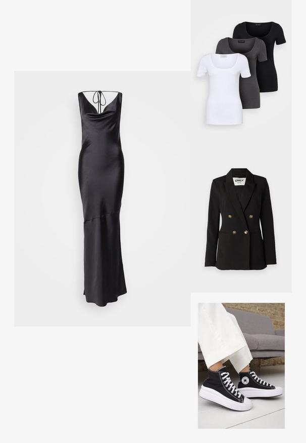 ONLY Tall ONLASTRID LIFE - Žakete - black; Melnas satīna vakara kleitas ar kakla izgriezumu, regulējamām siksnām un pieguļošu siluetu, kas plūst uz izsistumu apakšmalā.; Trīs pieguļoši T-krekli baltā, pelēkā un melnā krāsā. Katram ir plaša izgriezuma kakla un īsas piedurknes. Izgatavoti no gluda, elastīga auduma.; Melni kanvas augstpapēžu apavi ar baltām gumijas zolēm un auklām. Ievērojams aplis logotips sānos un kontrastējoša balta šuvums.