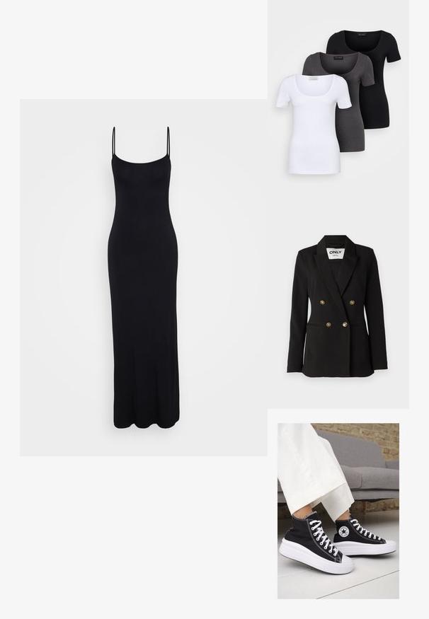 ONLY Tall ONLASTRID LIFE - Blazer - black; Svart maxiklänning med spagettiband, tillverkad av mjukt material. Har en figurnära överdel och en flödande kjol, med en slät och stretchig textur.; Tre åtsittande T-shirts i vitt, grått och svart. Var och en har en bred rundad halsringning och korta ärmar. Tillverkade av mjukt, stretcht tyg.; Svarta canvas högskor med vita gummisulor och snören. Har en cirkulär logotyp på sidan och kontrasterande vit sömnad.