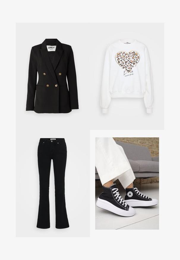 ONLY Tall ONLASTRID LIFE - Blazer - black; Sudadera blanca con un diseño de corazón de estampado de leopardo, acentuado con contornos dorados y el texto "El amor nunca falla" en script negro.; Pantalones vaqueros negros de corte acampanado, fabricados en denim, con un diseño clásico de cinco bolsillos, herrajes plateados y un cierre de botón en la cintura.; Zapatillas altas de lona negra con suelas y cordones de goma blanca. Presentan un logo circular en el lateral y costuras blancas en contraste.