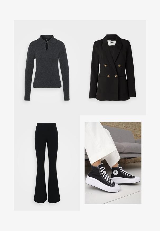 ONLY Tall ONLASTRID LIFE - Blazer - black; Dunkelgrauer Strickpullover mit Kragen, langen Ärmeln und einem Schlitz am Ausschnitt, der mit einem kleinen Knopf verziert ist.; Schwarze, ausgestellte Hosen mit glatter Textur, hohem Bund und einem weit geschnittenen Design, das sich vom Knie aus allmählich erweitert.; Schwarze Canvas-Hochtop-Sneakers mit weißen Gummisohlen und Schnürsenkeln. Mit einem runden Logo an der Seite und kontrastierendem weißen Nähten.