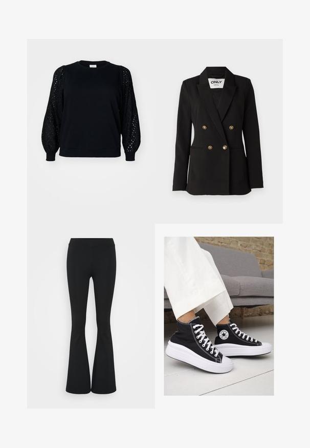 ONLY Tall ONLASTRID LIFE - Blazer - black; Sweatshirt preto com corpo liso e mangas em renda texturizada e puffada. Design de gola redonda com punhos e bainha canelados.; Calças pretas de corte alargado feitas de tecido elástico, com uma cintura alta e uma textura suave. As calças alargam-se a partir do joelho.; Ténis de cano alto em lona preta com solas e atacadores brancos. Apresenta um logo circular na lateral e costura branca em contraste.