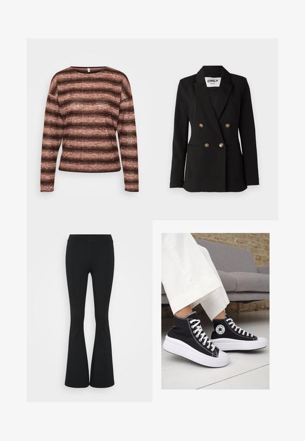 ONLY Tall ONLASTRID LIFE - Sacou - black; Pulover lung cu mânecă lungă, în dungi maro și roz, confecționat dintr-un material moale și texturat, cu un guler larg și o croială lejeră.; Pantaloni negrii evazați dintr-un material elastic, având un talie înaltă și o textură netedă. Pantalonii se lărgesc de la genunchi.; Sneakers negre înalte din pânză, cu tălpi și șireturi albe din cauciuc. Prezintă un logo circular pe lateral și cusături albe în contrast.