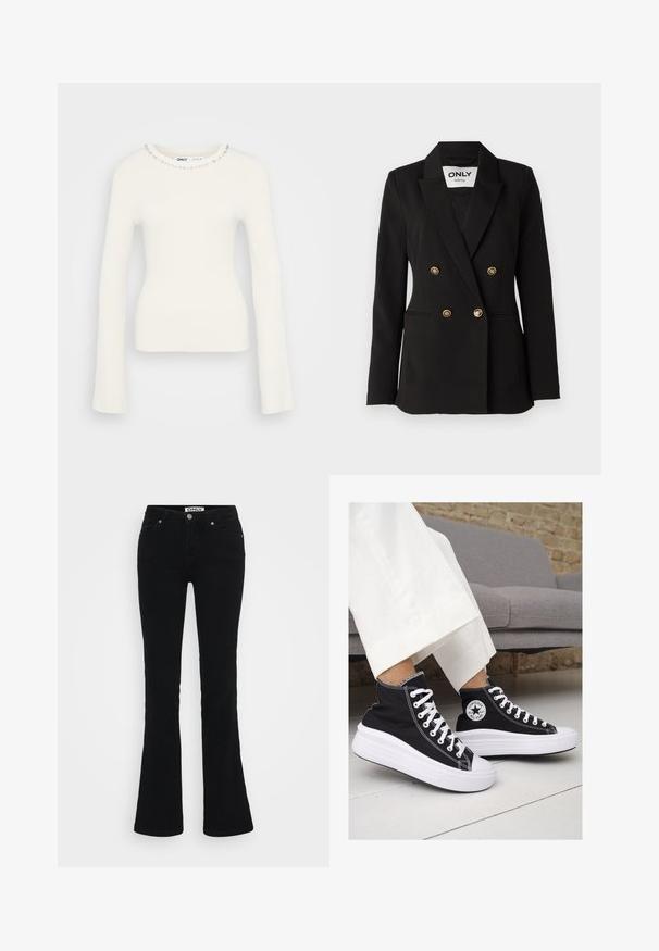 ONLY Tall ONLASTRID LIFE - Blazer - black; Rippent Weißer Pullover mit langen Ärmeln, figurbetontem Schnitt und verziertem Ausschnitt, der mit kleinen klaren Edelsteinen entlang des Kragens geschmückt ist.; Schwarze Schlagjeans aus Denim, mit einem klassischen Fünf-Taschen-Design, silbernen Beschlägen und einem Knopfverschluss an der Taille.; Schwarze Canvas-Hochtop-Sneakers mit weißen Gummisohlen und Schnürsenkeln. Mit einem runden Logo an der Seite und kontrastierendem weißen Nähten.