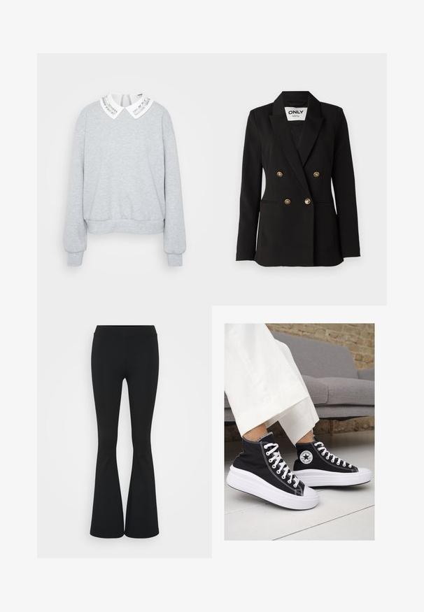 ONLY Tall ONLASTRID LIFE - Blejzer - black; Sivá mikina s dlhými rukávmi, zaobleným lemom a bielym golierom so strieborným prúžkom. Mäkká textúra tkaniny.; Čierne rozšírené nohavice vyrobené z elastického materiálu, s vysokým pásom a hladkou textúrou. Nohavice sa rozširujú od kolena.; Čierne plátkové tenisky s vysokým strihom a bielymi gumovými podrážkami a šnúrkami. Majú okrúhly logotyp na boku a kontrastné biele stehy.
