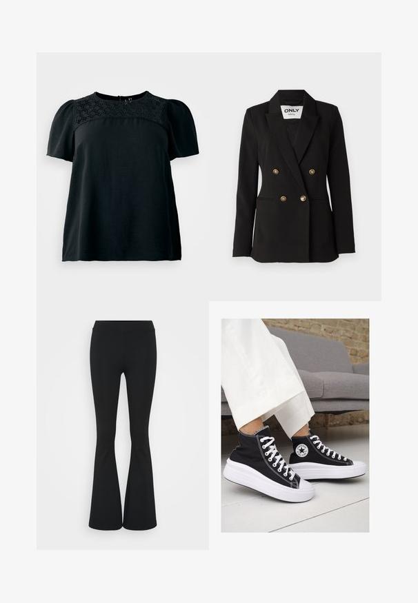 ONLY Tall ONLASTRID LIFE - Blejzr - black; Černý krátký rukáv top s texturovanou krajkovou panelem na kulatém výstřihu, volný střih a měkká tkanina. Přítomný detail uzávěru na zadní straně.; Černé zvonové kalhoty vyrobené z elastického materiálu, s vysokým pasem a hladkou texturou. Kalhoty se rozšiřují od kolene.; Černé vysoké plátěné tenisky s bílými gumovými podrážkami a tkaničkami. Na boku mají kulaté logo a kontrastní bílé švy.