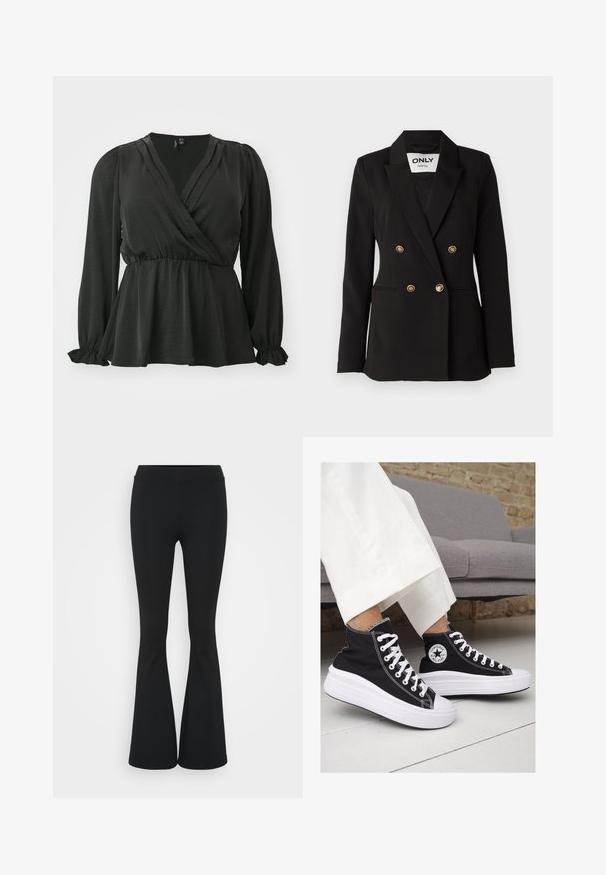 ONLY Tall ONLASTRID LIFE - Žakete - black; Vero Moda Curve VMCMARY SMOCK - Blūze - black; Melnas izplešanās bikses, izgatavotas no elastīga auduma, ar augstu vidukli un gludu tekstūru. Bikses izvēršas no ceļa.; Melni kanvas augstpapēžu apavi ar baltām gumijas zolēm un auklām. Ievērojams aplis logotips sānos un kontrastējoša balta šuvums.