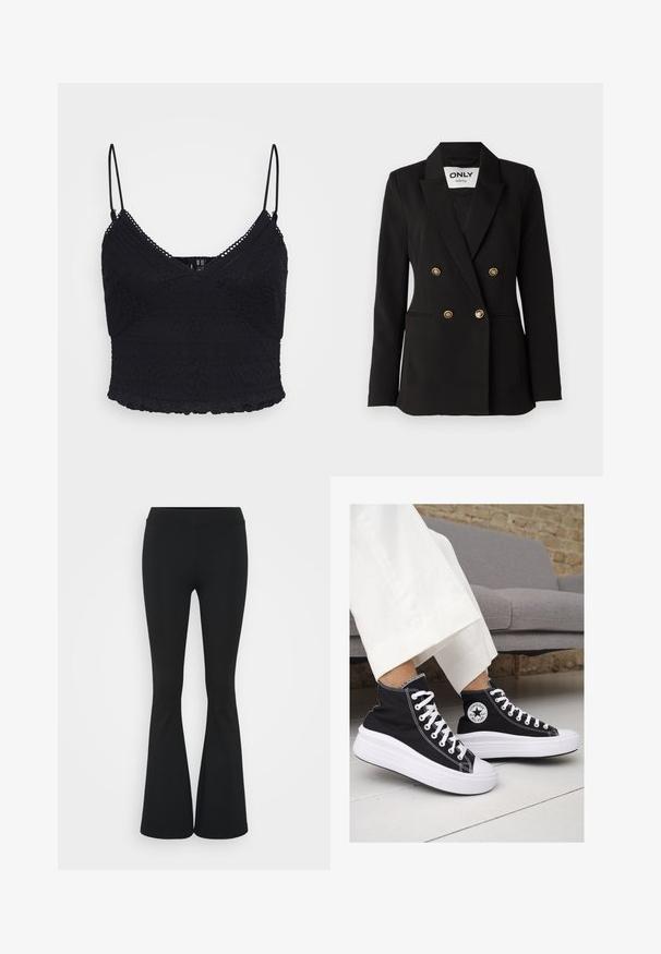 ONLY Tall ONLASTRID czarny; Czarna koronkowa koszulka na ramiączkach z regulowanymi cienkimi paskami, z teksturowanymi wzorami i falbanką na dole. Półprzezroczysty materiał z dopasowanym krojem.; Czarne spódnice dzwonowe wykonane z elastycznego materiału, z wysokim stanem i gładką fakturą. Spodnie rozszerzają się od kolana.; Czarne trampki typu high-top z białą gumową podeszwą i sznurowadłami. Posiadają okrągłe logo z boku oraz kontrastujące białe szwy.