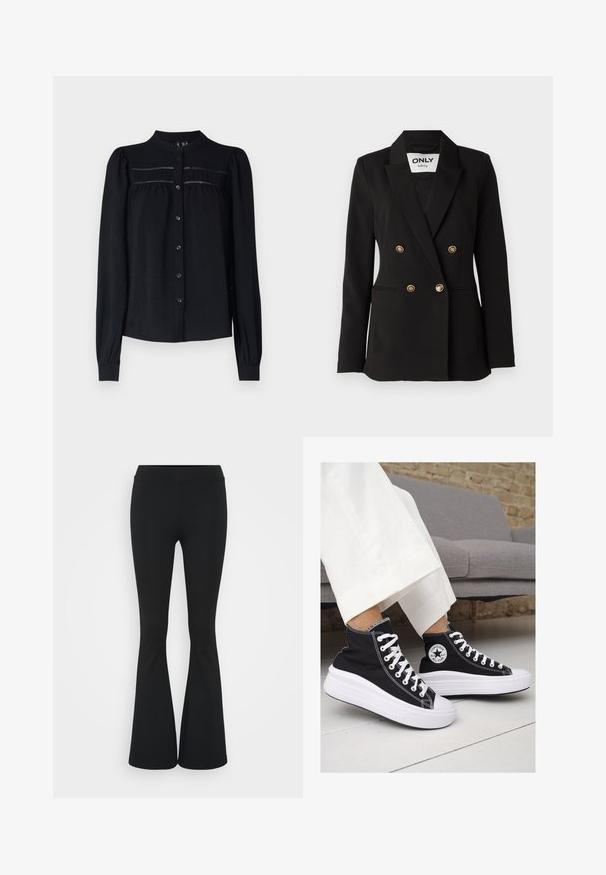 ONLY Tall ONLASTRID LIFE - Blazer - black; Sort langærmet bluse med krave, knaplukning foran, plisserede detaljer under yoken og samlede manchetter. Blødt tekstureret stof.; Sorte flagrende bukser lavet af strækbart stof, med en høj talje og en glat tekstur. Bukserne flared fra knæet.; Sorte høj-top sneakers i lærred med hvide gummisåler og snørebånd. Har et rundt logo på siden og kontrasterende hvide syninger.