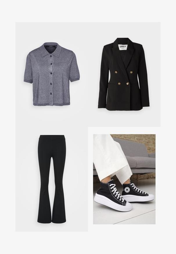 ONLY Tall ONLASTRID LIFE - Blazer - black; Cárdigan de manga corta y cuello en tejido de punto gris oscuro con un ligero brillo. Presenta cinco botones negros y detalle de dobladillo acanalado.; Pantalones negros de campana hechos de una tela elástica, con una cintura alta y una textura suave. Los pantalones se ensanchan desde la rodilla.; Zapatillas altas de lona negra con suelas y cordones de goma blanca. Presentan un logo circular en el lateral y costuras blancas en contraste.