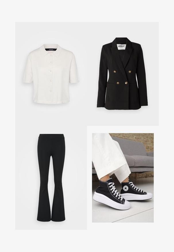 ONLY Tall ONLASTRID LIFE - Blazer - black; Blusa de punto blanca de manga corta con cuello tipo solapa y botonadura frontal. Textura suave y corte holgado, con un brillo sutil.; Pantalones negros de campana hechos de una tela elástica, con una cintura alta y una textura suave. Los pantalones se ensanchan desde la rodilla.; Zapatillas altas de lona negra con suelas y cordones de goma blanca. Presentan un logo circular en el lateral y costuras blancas en contraste.