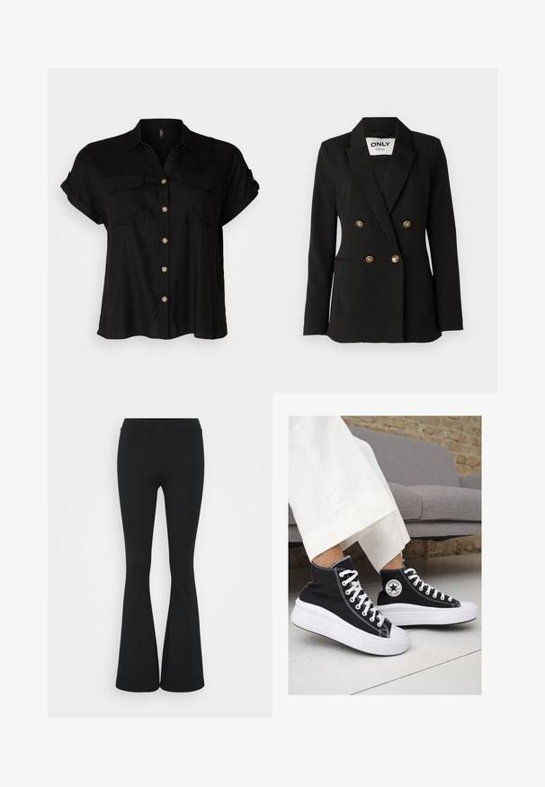 ONLY Tall ONLASTRID LIFE - Blazer - black; Camisa negra de manga corta y botones con dos bolsillos en el pecho, fabricada en tejido suave, con dobladillo redondeado y botones en tono dorado. Diseño clásico de corte holgado.; Tres camisetas ajustadas en blanco, gris y negro. Cada una cuenta con un escote amplio y mangas cortas. Están hechas de una tela suave y elástica.; Pantalones negros de campana hechos de una tela elástica, con una cintura alta y una textura suave. Los pantalones se ensanchan desde la rodilla.; Zapatillas altas de lona negra con suelas y cordones de goma blanca. Presentan un logo circular en el lateral y costuras blancas en contraste.