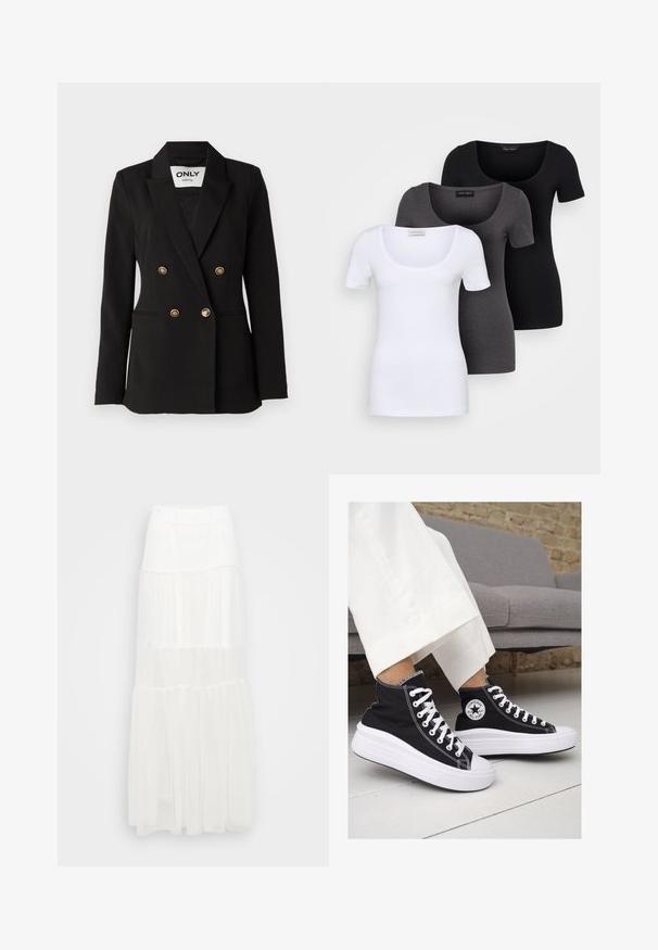 ONLY Tall ONLASTRID LIFE - Blazer - black; Tre T-shirt aderenti in bianco, grigio e nero. Ognuna presenta un ampio scollo a barca e maniche corte. Realizzate in un tessuto morbido e elastico.; Gonna maxi bianca a strati con vita elastica. Realizzata in tessuto leggero, presenta strati semi-trasparenti e un design fluido.; Sneaker alte nere in tela con suole e lacci bianchi. Presentano un logo circolare sul lato e cuciture bianche a contrasto.