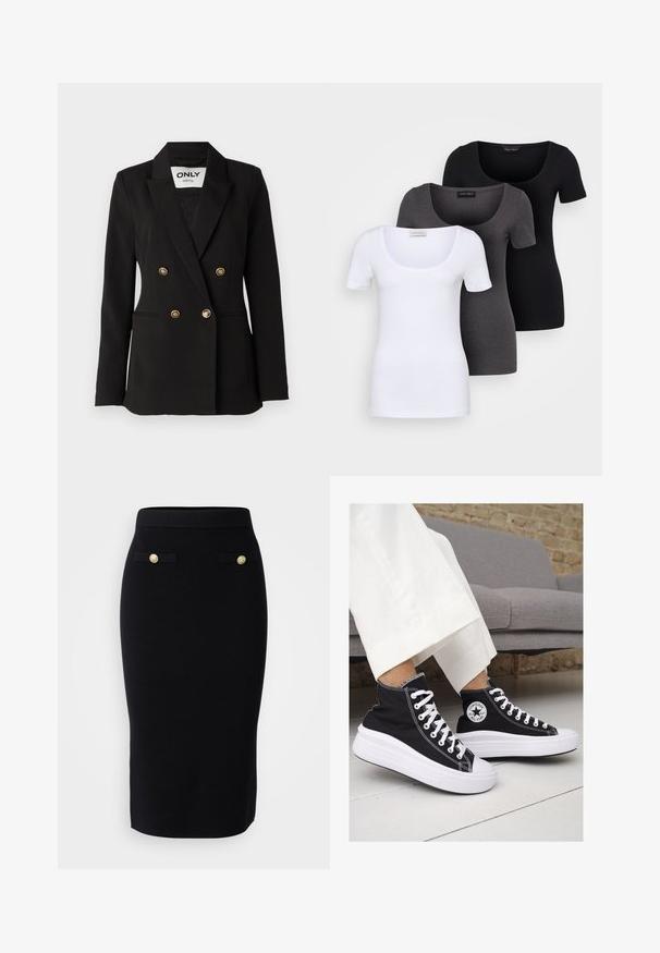ONLY Tall ONLASTRID LIFE - Sacou - black; Trei tricouri ajustate, în alb, gri și negru. Fiecare are un decolteu larg în formă de cerc și mâneci scurte. Fabricate dintr-un material neted și elastic.; Vero Moda Tall VMSABA LENGHT SKIRT  - Fustă tip creion - black; Sneakers negre înalte din pânză, cu tălpi și șireturi albe din cauciuc. Prezintă un logo circular pe lateral și cusături albe în contrast.