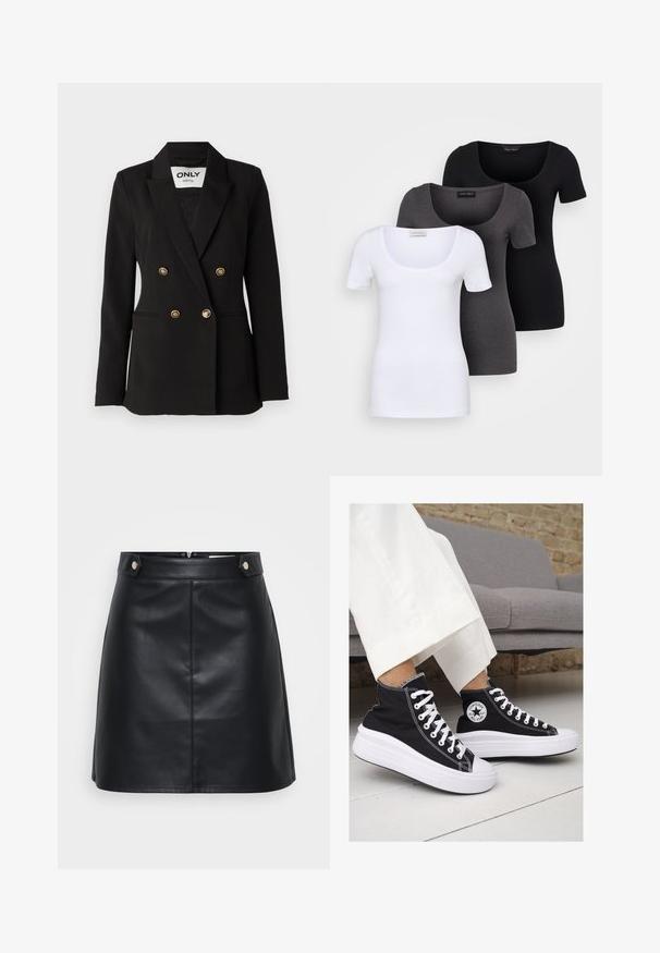 ONLY Tall ONLASTRID LIFE - Blazer - black; Tre figurerte T-skjorter i hvit, grå og svart. Hver har en bred scoop-nakke og korte ermer. Laget av glatt, elastisk stoff.; Svart lærskjørt med en tettsittende design, to frontlommer med gullfarget beslag, og glidelås i ryggen. Glatt tekstur.; Sorte lerrets høy-top sneakers med hvite gummisulinger og snørebånd. Har et rundt logo på siden og kontrasterende hvite sting.