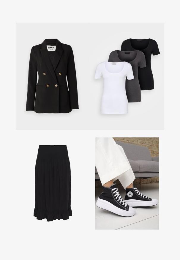 ONLY Tall ONLASTRID LIFE - Sacou - black; Trei tricouri ajustate, în alb, gri și negru. Fiecare are un decolteu larg în formă de cerc și mâneci scurte. Fabricate dintr-un material neted și elastic.; Fustă midi neagră cu talie elastică, confecționată dintr-un material ușor, având plisări și un tiv volanat pentru un detaliu suplimentar.; Sneakers negre înalte din pânză, cu tălpi și șireturi albe din cauciuc. Prezintă un logo circular pe lateral și cusături albe în contrast.