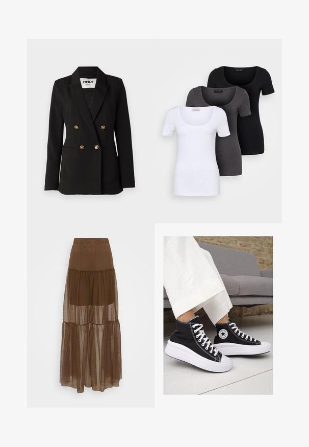 ONLY Tall ONLASTRID LIFE - Blazer - black; Trois T-shirts ajustés en blanc, gris et noir. Chacun présente un décolleté large et des manches courtes. Fabriqués en tissu lisse et extensible.; Jupe brune à couches avec une superposition en maille texturée et une taille élastique. Elle présente trois niveaux de tissu transparent, offrant une silhouette fluide.; Baskets montantes en toile noire avec semelles et lacets en caoutchouc blanc. Elles présentent un logo circulaire sur le côté et un contraste de coutures blanches.