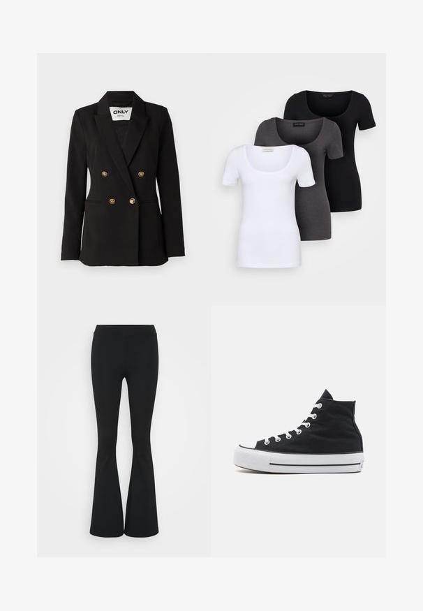 ONLY Tall ONLASTRID LIFE - Blejzer - black; Tričko v bielej, šedej a čiernej farbe s priliehavým strihom. Každé má široký výstrih a krátke rukávy. Vyrobené z hladkej, elastickej tkaniny.; Čierne rozšírené nohavice vyrobené z elastického materiálu, s vysokým pásom a hladkou textúrou. Nohavice sa rozširujú od kolena.; Vysoké plátené tenisky v čiernej farbe s bielou gumovou špičkou, bielymi šnúrkami a textúrovaným čiernym zvrškom. Čierno-biely pruhovaný medzivrstvový pás.