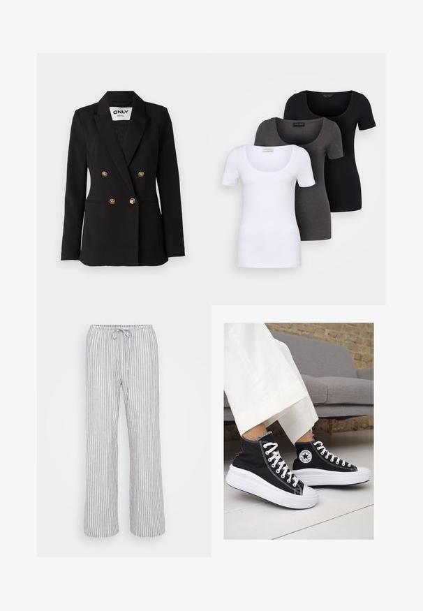 ONLY Tall ONLASTRID LIFE - Blazer - black; Trois T-shirts ajustés en blanc, gris et noir. Chacun présente un décolleté large et des manches courtes. Fabriqués en tissu lisse et extensible.; Pantalon rayé gris clair avec une taille élastique, fermeture à cordon de serrage et une coupe large. Fabriqué à partir d'un tissu doux et respirant.; Baskets montantes en toile noire avec semelles et lacets en caoutchouc blanc. Elles présentent un logo circulaire sur le côté et un contraste de coutures blanches.