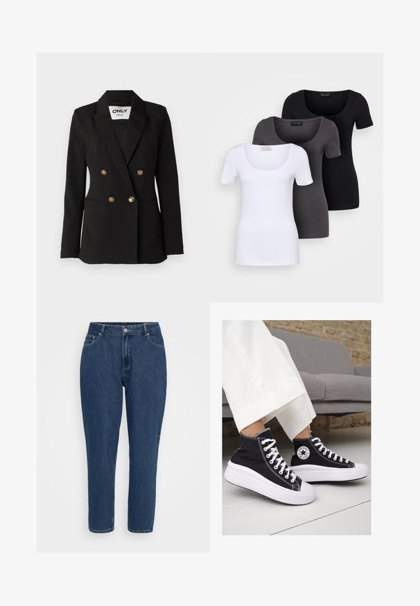 ONLY Tall ONLASTRID LIFE - Bleiseri - black; Kolme istuvaa T-paitaa valkoisena, harmaana ja mustana. Jokaisessa on leveä avara pääntie ja lyhyet hihat. Valmistettu sileästä ja joustavasta kankaasta.; Tumman siniset korkea vyötäröiset suorat farkut etutaskuilla, vyölenkeillä, metallinappilla ja vetskarilla valkoisella taustalla.; Mustat kangaskengät korkealla varrella, joissa on valkoiset kumipohjat ja nauhat. Sivussa on pyöreä logo ja kontrastiväriset valkoiset tikkausommellut.
