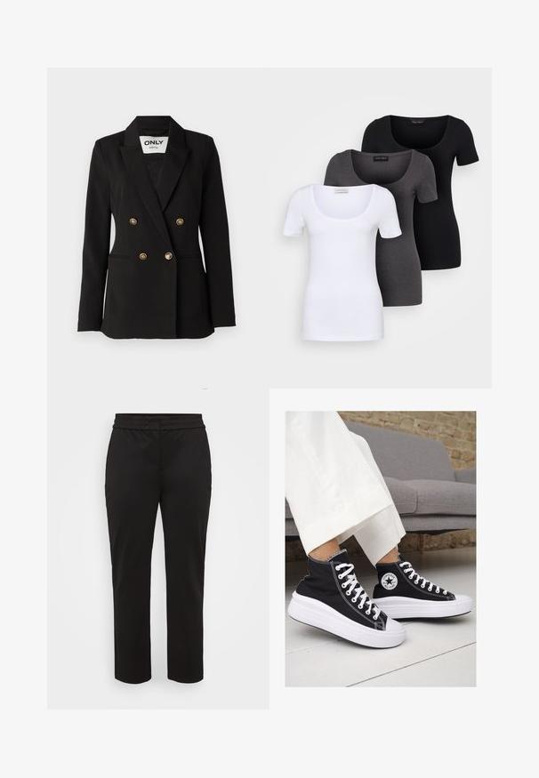 ONLY Tall ONLASTRID LIFE - Kratka jakna - black; Tri fitted T-shirtovi u bijeloj, sivoj i crnoj boji. Svaki ima široki izrez na vratu i kratke rukave. Napravljen od glatkoga, rastezljivog materijala.; Crne hlače od glatkog, rastezljivog materijala. Imaju široku, ravnu ušicu i ravni kroj bez vidljivih džepova.; Crne platnene visoke tenisice s bijelim gumiranim potplatima i vezicama. Imaju kružni logo sa strane i kontrastne bijele šavove.