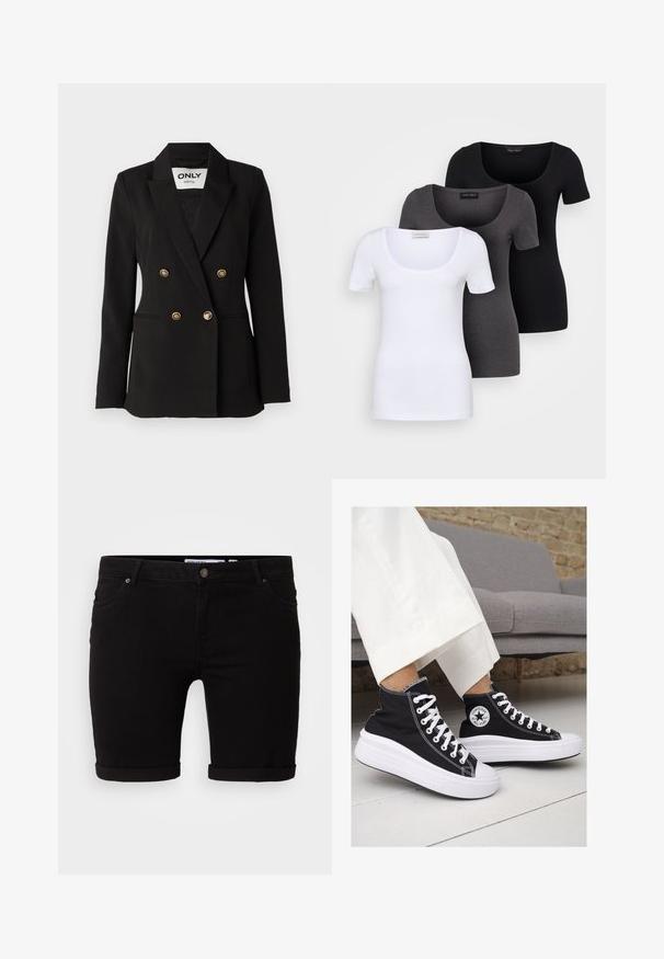 ONLY Tall ONLASTRID LIFE - Blazer - black; Tre tætsiddende T-shirts i hvid, grå og sort. Hver af dem har en bred scoop-udskæring og korte ærmer. Fremstillet af glat, strækbart stof.; Sorte denimshorts med lige skæring, der har rullekanter, en frontlukning med knap og sidelommer. Glat tekstur og minimalistisk design.; Sorte høj-top sneakers i lærred med hvide gummisåler og snørebånd. Har et rundt logo på siden og kontrasterende hvide syninger.