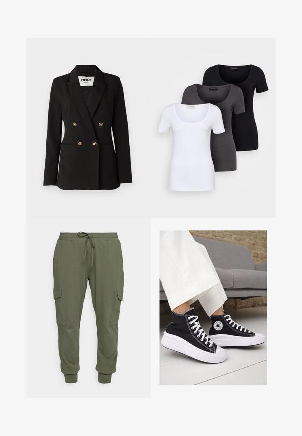 ONLY Tall ONLASTRID LIFE - Blazer - black; Drie getailleerde T-shirts in het wit, grijs en zwart. Elk met een brede ronde hals en korte mouwen. Gemaakt van gladde, rekbare stof.; Olivengroene joggingbroek van zacht materiaal, met een elastische tailleband met trekkoord, taps toelopende manchetten en zijvakjes.; Zwarte canvas hoge sneakers met witte rubberen zolen en veters. Voorzien van een cirkelvormig logo aan de zijkant en contrasterende witte stiksels.