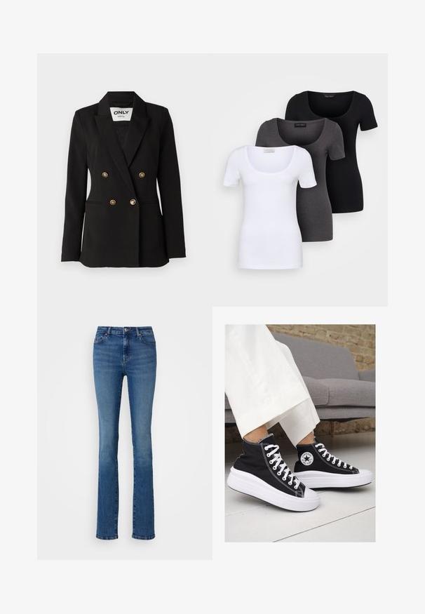 ONLY Tall ONLASTRID LIFE - Bleiser - black; Kolm mugavat T-särki valges, hallis ja mustas värvitoonis. Igal särgil on lai madal kaelus ja lühikesed varrukad. Valmistatud siledast, venivast kangast.; ONLY Tall ONLSUI MID - Liibuvad teksad - medium blue denim; Mustad musträgiga kõrge vars sneakerid valgete kummist tallade ja paeltega. Küljel on ringikujuline logo ja kontrastne valge õmblus.