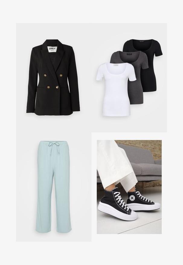 ONLY Tall ONLASTRID LIFE - Blazer - black; Three fitted T-shirts in white, gray, and black. Each features a wide scoop neckline and short sleeves. Made from smooth, stretchy fabric.; Light blue, wide-leg lounge pants with a drawstring waistband. Made from a soft, breathable fabric with a smooth texture.; Black canvas high-top sneakers with white rubber soles and laces. Features a circular logo on the side and contrasting white stitching.