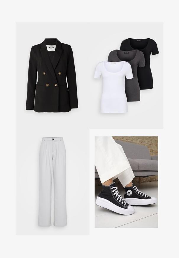 ONLY Tall ONLASTRID LIFE - Blazer - black; Drie getailleerde T-shirts in het wit, grijs en zwart. Elk met een brede ronde hals en korte mouwen. Gemaakt van gladde, rekbare stof.; Lichtgrijze wijde pantalon met voorplooien, een getailleerde tailleband en een enkele zwarte knoopsluiting. Gemaakt van een soepele, gestructureerde stof.; Zwarte canvas hoge sneakers met witte rubberen zolen en veters. Voorzien van een cirkelvormig logo aan de zijkant en contrasterende witte stiksels.