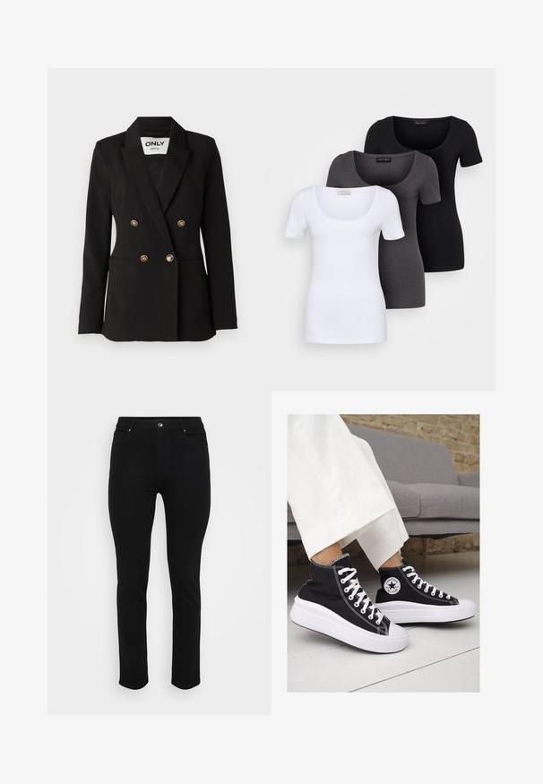 ONLY Tall ONLASTRID LIFE - Blazer - black; Three fitted T-shirts in white, gray, and black. Each features a wide scoop neckline and short sleeves. Made from smooth, stretchy fabric.; Black denim jeans with a slim fit, five-pocket design, front button closure, and slight stretch for comfort. Flat, smooth texture with minimal detailing.; Black canvas high-top sneakers with white rubber soles and laces. Features a circular logo on the side and contrasting white stitching.