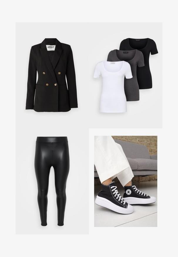ONLY Tall ONLASTRID LIFE - Σακάκι - black; Τρία εφαρμοστά T-shirts σε λευκό, γκρι και μαύρο. Το καθένα διαθέτει φαρδιά στρογγυλή λαιμόκοψη και κοντά μανίκια. Κατασκευασμένα από μαλακό, ελαστικό ύφασμα.; Μαύρο κολάν φτιαγμένο από λείο, γυαλιστερό υλικό. Υψηλή μέση, επιμορφωμένος σχεδιασμός και χωρίς ορατές ραφές ή μοτίβα.; Μαύρα καμβά sneakers με ψηλή φτέρνα, με λευκές καουτσούκ σόλες και κορδόνια. Διαθέτουν κυκλικό λογότυπο στο πλάι και εντυπωσιακή λευκή ραφή.