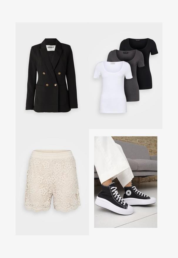 ONLY Tall ONLASTRID LIFE - Blazer - black; Tre figurerte T-skjorter i hvit, grå og svart. Hver har en bred scoop-nakke og korte ermer. Laget av glatt, elastisk stoff.; Lace shorts i lys beige med blomstermønster, bølget kant og en strukturert vevd midjebånd, med intrikate detaljer over hele stoffet.; Sorte lerrets høy-top sneakers med hvite gummisulinger og snørebånd. Har et rundt logo på siden og kontrasterende hvite sting.