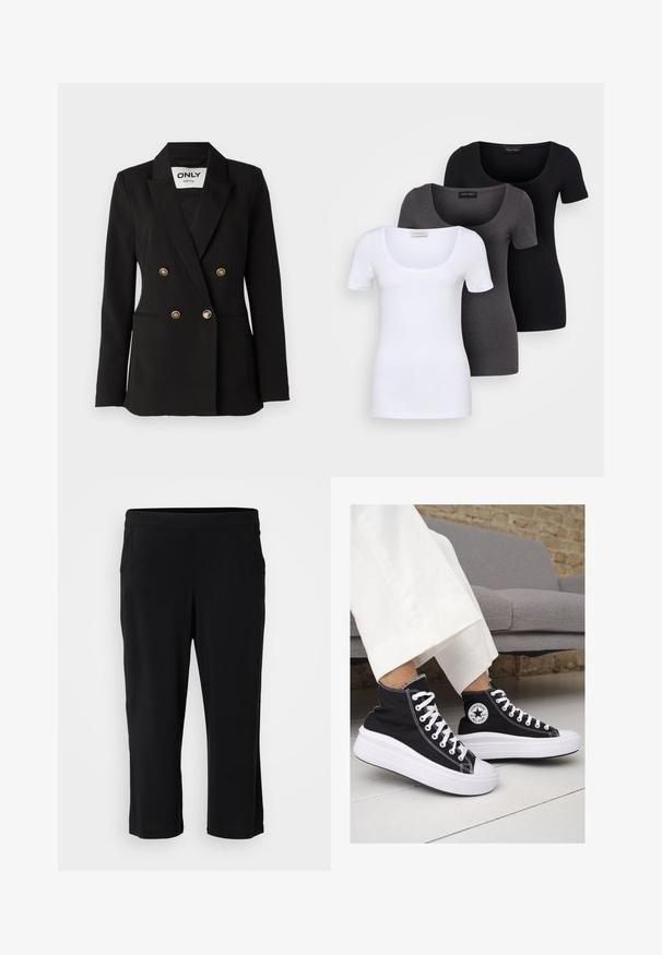 ONLY Tall ONLASTRID LIFE - Blazer - black; Trois T-shirts ajustés en blanc, gris et noir. Chacun présente un décolleté large et des manches courtes. Fabriqués en tissu lisse et extensible.; Pantalons noirs raccourcis en tissu doux et extensible ; dotés d'une taille élastique et sans poches visibles. Texture lisse sans motifs.; Baskets montantes en toile noire avec semelles et lacets en caoutchouc blanc. Elles présentent un logo circulaire sur le côté et un contraste de coutures blanches.